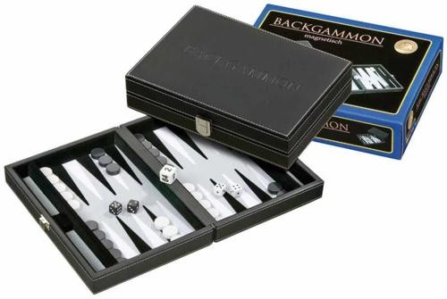 backgammon magnetisch, ingelegd vilt, grijs/wit
