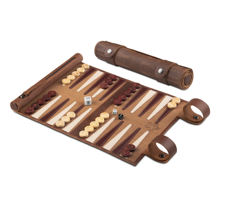 Leather rollable travel backgammon - Melia Games