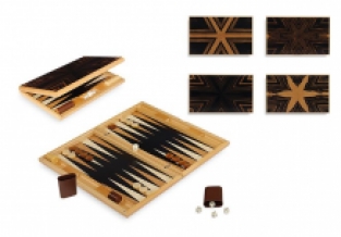 Backgammon set with ebony wood top and cherry/maple/toulipier wood inlay.