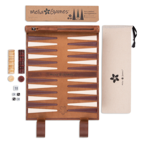 Leather rollable travel backgammon - Melia Games