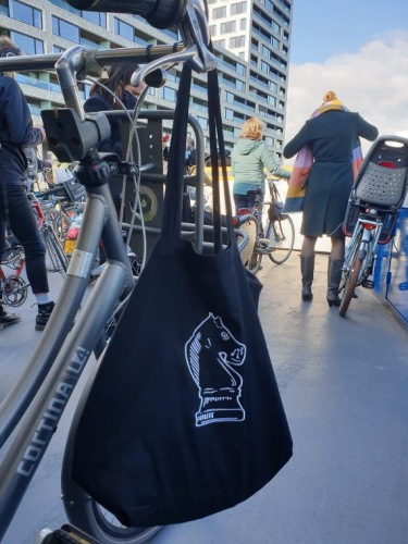 Black embroidered bag with logo knight